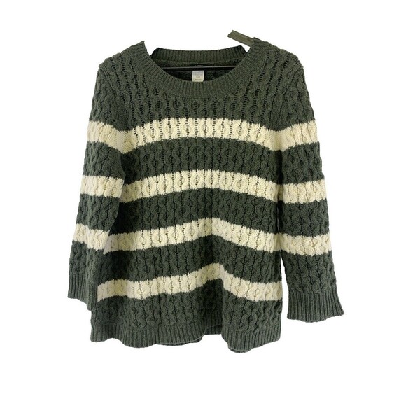 J Crew Chunky Knit Merino Wool Sweater Green White Striped 55197 Womens Large - Picture 1 of 14